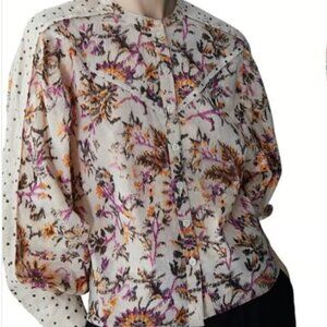 Maria Cher Mixed‎ Print Metallic Thread Blouse in White Gardenia Women's XS